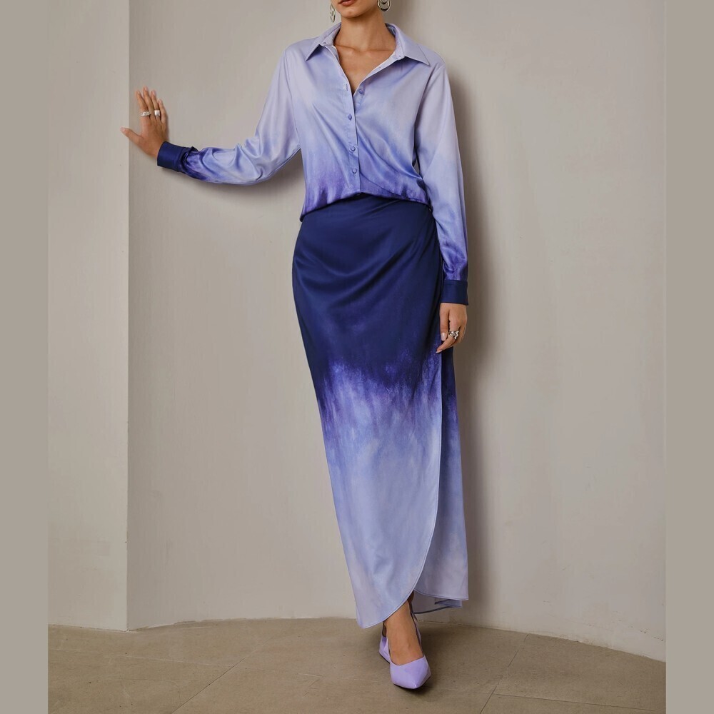 Blue Ombre Satin Collared Shirt and Wrap Maxi Skirt Set